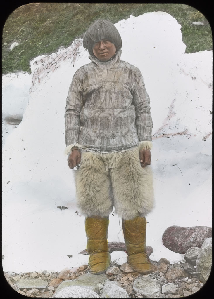 Donald Baxter MacMillan; Eskimo man wearing shirt of Dovekie skins; 1913-1917; image; silver gelatin on glass; 10.16 cm x 8.26 cm x 0.64 cm (4 in. x 3 1/4 in. x 1/4 in.); TGM; North America