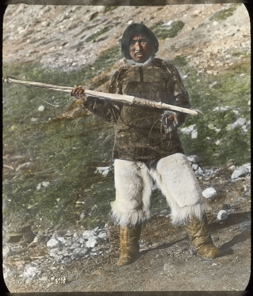 Donald Baxter MacMillan; Ak-pud-a-shah-a with Narwhal horn harpoon or toque; 1913-1917; image; silver gelatin on glass; 10.16 cm x 8.26 cm x 0.64 cm (4 in. x 3 1/4 in. x 1/4 in.); TGM; North America