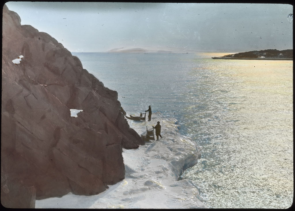 Donald Baxter MacMillan; Ka-koo-chee-ah and An-ow-ka [Samik] on ice foot; 1913-1917; image; silver gelatin on glass; 10.16 cm x 8.26 cm x 0.64 cm (4 in. x 3 1/4 in. x 1/4 in.); TGM; North America
