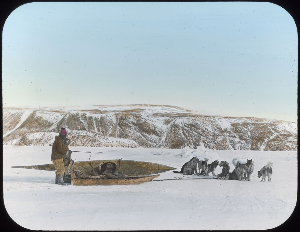 Donald Baxter MacMillan; Dog Team With Kayak; 1913-1917; image; silver gelatin on glass; 10.16 cm x 8.26 cm x 0.64 cm (4 in. x 3 1/4 in. x 1/4 in.); TGM; North America