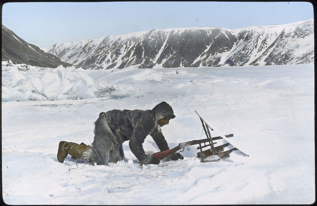 Donald Baxter MacMillan; Samik crawling up on seal, behind screen; 1913-1917; image; silver gelatin on glass; 10.16 cm x 8.26 cm x 0.64 cm (4 in. x 3 1/4 in. x 1/4 in.); TGM; North America