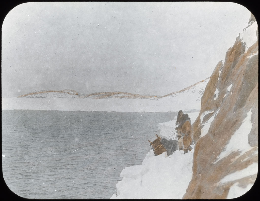 Donald Baxter MacMillan; Team on narrow icefoot ; 1913-1917; image; silver gelatin on glass; 10.16 cm x 8.26 cm x 0.64 cm (4 in. x 3 1/4 in. x 1/4 in.); TGM; North America