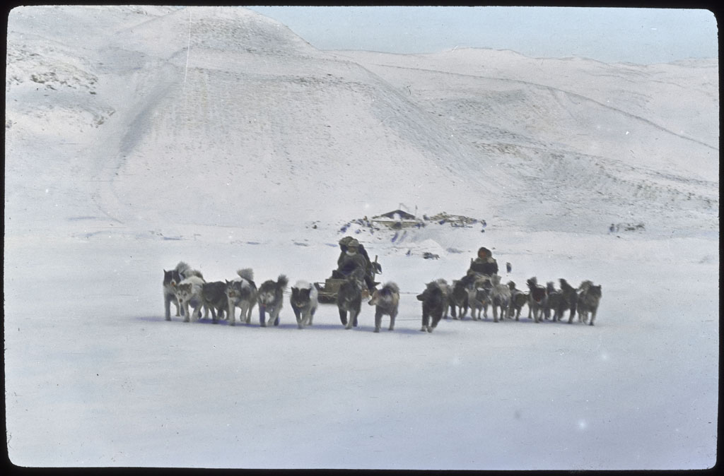 onald Baxter MacMillan; Dog teams - two coming! Borup Lodge beyond [2 copies]; 1913-1917; image; silver gelatin on glass; 10.16 cm x 8.26 cm x 0.64 cm (4 in. x 3 1/4 in. x 1/4 in.); TGM; North America