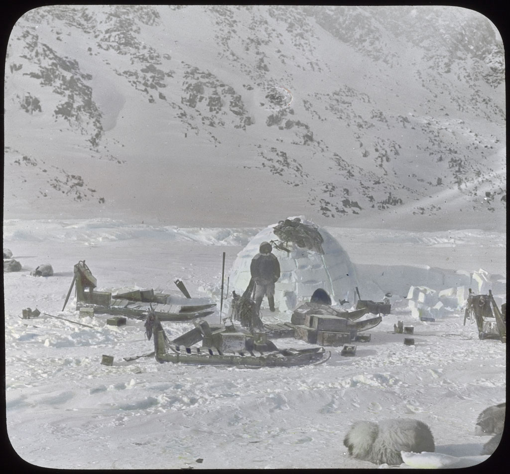 Donald Baxter MacMillan; Snow house and sledges at Cape Isabella; 17-May; image; silver gelatin on glass; 10.16 cm x 8.26 cm x 0.64 cm (4 in. x 3 1/4 in. x 1/4 in.); TGM; North America