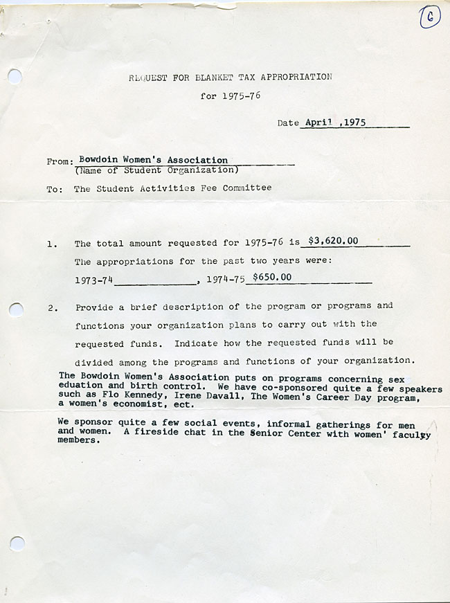 AG40.1 - 1975 Funding Request and Constitution for the Bowdoin Women's Association