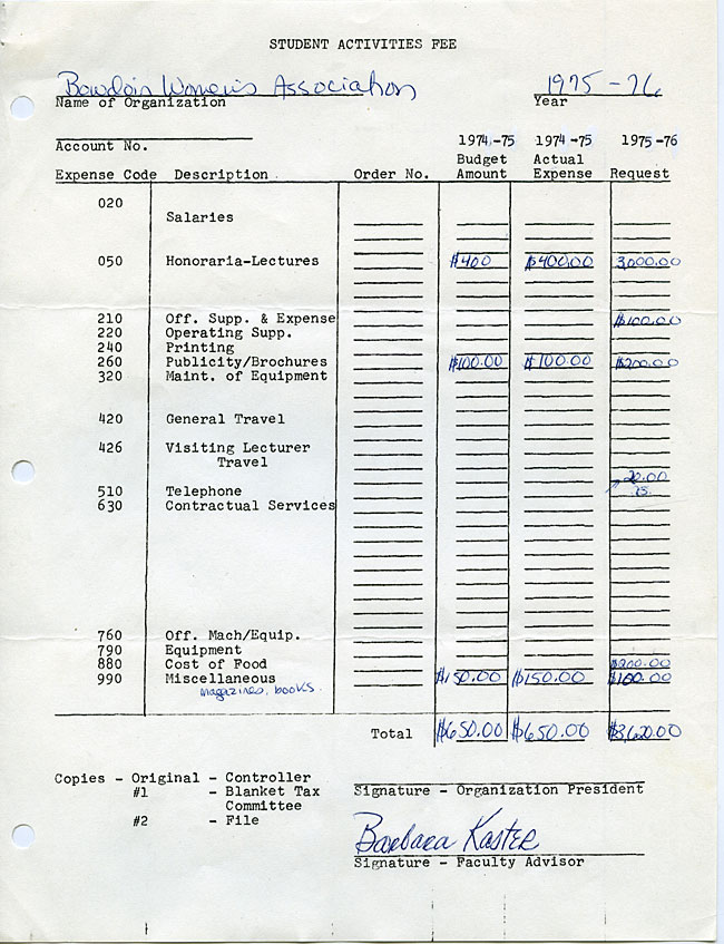 AG40.4 - 1975 Funding Request and Constitution for the Bowdoin Women's Association
