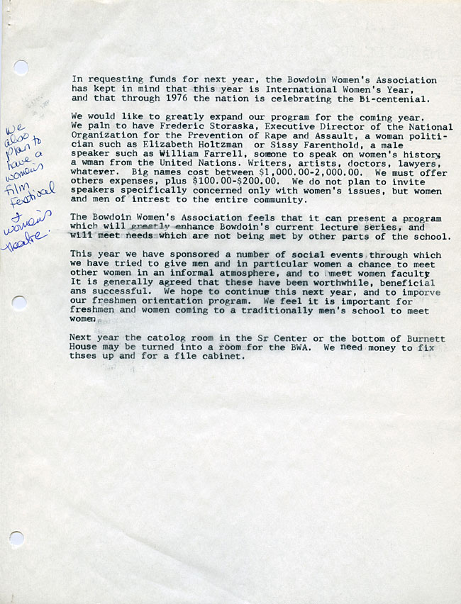 AG40.6 - 1975 Funding Request and Constitution for the Bowdoin Women's Association