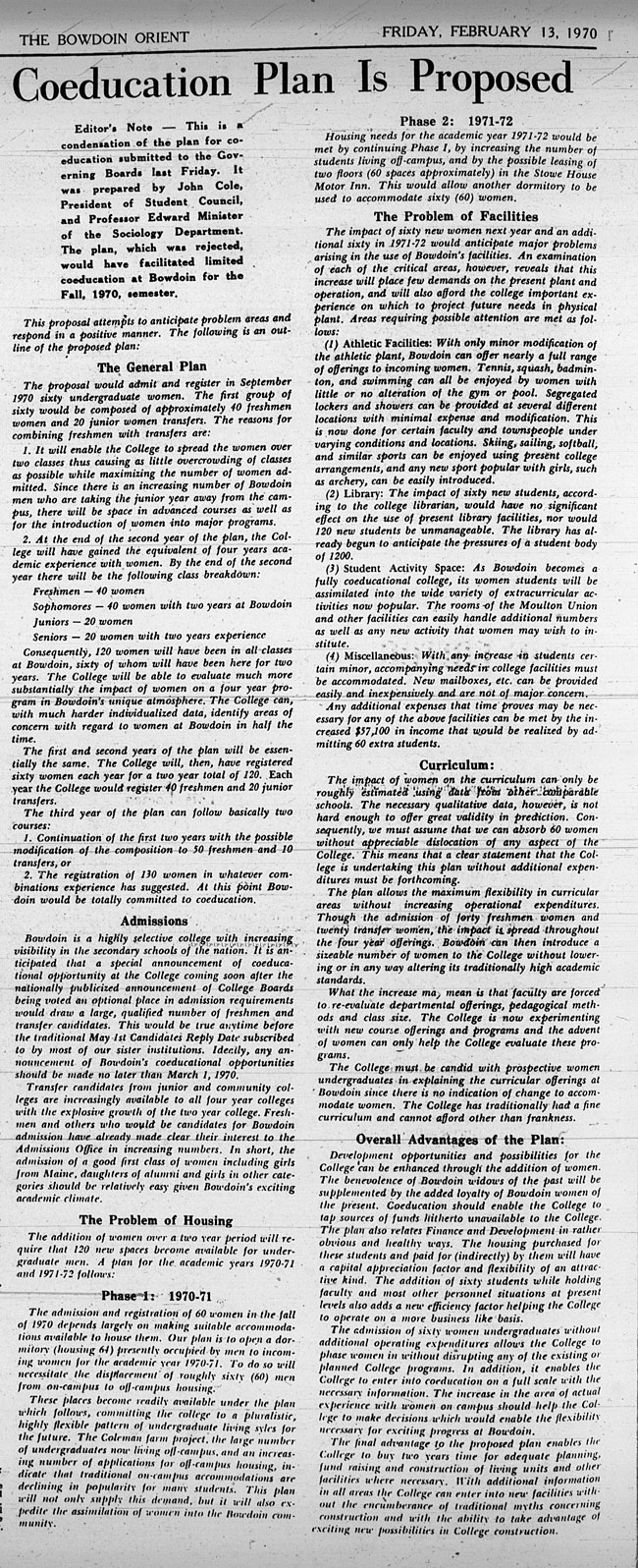 GB12 - "Coeducation Plan is Proposed" The Bowdoin Orient February 13, 1970