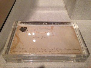 Sealed Envelope to MacMillan–“To be Opened When [all has] Gone Dead Wrong.” paper in Lucite. Peary-MacMillan Arctic Museum; Gift of Donald and Miriam MacMillan. 