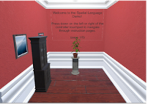 A virtual room with a painting, wardrobe, and flowerpot on a pedestal.