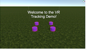 Welcome to the VR Tracking Demo written in the center of a large field under a blue sky.