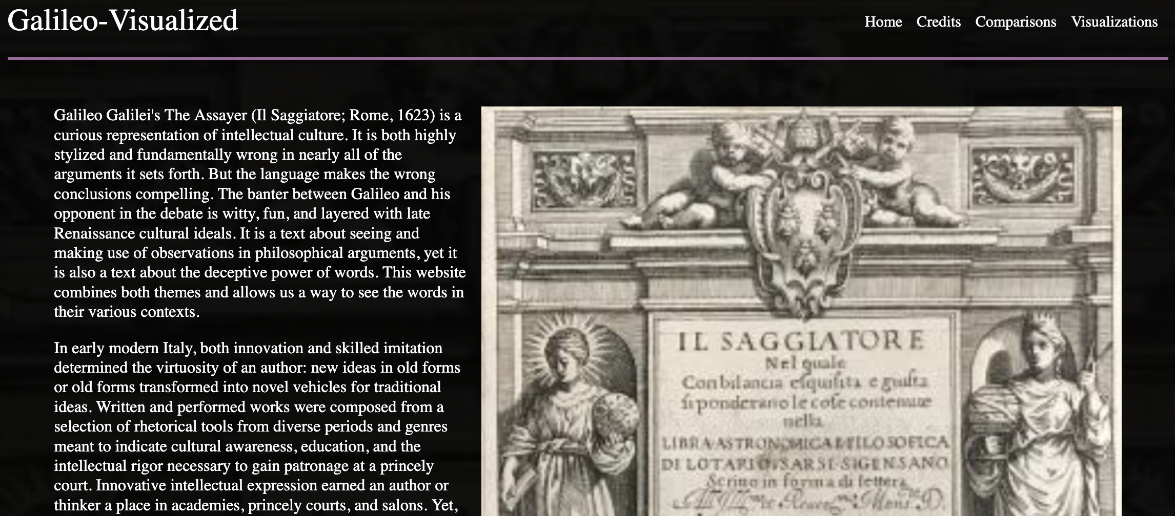 A black page with white text on the left. Menu at top. Image of a book title page on right.